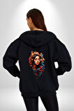 Müzik Dinleyen Kulaklık Yaprak Saçlı Renkli Kadın Erkek Siyah Renk Kapüşonlu Kanguru Cepli  Fermuarlı Pamuklu Oversize Dijital Baskılı Hırka Sweatshirt
