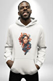 Müzik Dinleyen Kulaklık Yaprak Saçlı Renkli Kadın Erkek  Beyaz Kapüşonlu Sweatshirt Hoodie