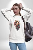 Müzik Dinleyen Kulaklık Yaprak Saçlı Renkli Kadın Erkek  Beyaz Baskılı Sweatshirt 