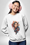 Müzik Dinleyen Kulaklık Yaprak Saçlı Renkli Kadın Erkek  Beyaz Baskılı Sweatshirt 