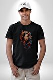 Müzik Dinleyen Kulaklık Yaprak Saçlı Renkli Kadın Erkek Unisex Siyah Organik Baskılı T-Shirt Penye Yüksek Kalite