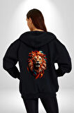 Renkli Kaplan Kükrüyor Kadın Erkek Siyah Renk Kapüşonlu Kanguru Cepli  Fermuarlı Pamuklu Oversize Dijital Baskılı Hırka Sweatshirt