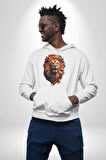 Renkli Kaplan Kükrüyor Kadın Erkek  Beyaz Kapüşonlu Sweatshirt Hoodie