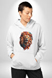 Renkli Kaplan Kükrüyor Kadın Erkek  Beyaz Kapüşonlu Sweatshirt Hoodie
