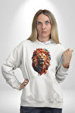 Renkli Kaplan Kükrüyor Kadın Erkek  Beyaz Kapüşonlu Sweatshirt Hoodie