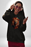 Renkli Kaplan Kükrüyor Kadın Erkek  Siyah Kapüşonlu Sweatshirt Hoodie