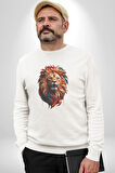 Renkli Kaplan Kükrüyor Kadın Erkek  Beyaz Baskılı Sweatshirt 
