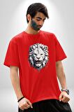 Beyaz Kaplan Kükreme  Pamuklu Bisiklet Yaka Kadın Erkek Oversize Boyfriend Dijital Baskılı Kırmızı T-Shirt