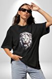 Beyaz Kaplan Kükreme  Pamuklu Bisiklet Yaka Kadın Erkek Oversize Boyfriend Dijital Baskılı Siyah T-shirt