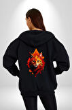 Renkli Sarı Kırmızı Kedi  Kadın Erkek Siyah Renk Kapüşonlu Kanguru Cepli  Fermuarlı Pamuklu Oversize Dijital Baskılı Hırka Sweatshirt