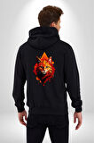 Renkli Sarı Kırmızı Kedi  Kadın Erkek Siyah Renk Kapüşonlu Kanguru Cepli  Fermuarlı Pamuklu Oversize Dijital Baskılı Hırka Sweatshirt