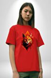 Renkli Sarı Kırmızı Kedi  Pamuklu Bisiklet Yaka Kadın Erkek Oversize Boyfriend Dijital Baskılı Kırmızı T-Shirt