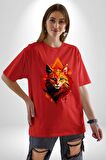 Renkli Sarı Kırmızı Kedi  Pamuklu Bisiklet Yaka Kadın Erkek Oversize Boyfriend Dijital Baskılı Kırmızı T-Shirt