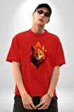 Renkli Sarı Kırmızı Kedi  Pamuklu Bisiklet Yaka Kadın Erkek Oversize Boyfriend Dijital Baskılı Kırmızı T-Shirt