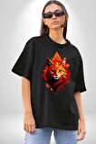 Renkli Sarı Kırmızı Kedi  Pamuklu Bisiklet Yaka Kadın Erkek Oversize Boyfriend Dijital Baskılı Siyah T-shirt