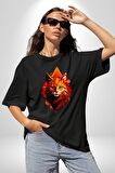 Renkli Sarı Kırmızı Kedi  Pamuklu Bisiklet Yaka Kadın Erkek Oversize Boyfriend Dijital Baskılı Siyah T-shirt