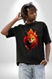 Renkli Sarı Kırmızı Kedi  Pamuklu Bisiklet Yaka Kadın Erkek Oversize Boyfriend Dijital Baskılı Siyah T-shirt