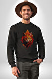Renkli Sarı Kırmızı Kedi  Kadın Erkek  Siyah Baskılı Sweatshirt 