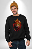 Renkli Sarı Kırmızı Kedi  Kadın Erkek  Siyah Baskılı Sweatshirt 