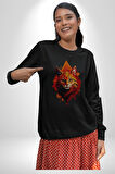 Renkli Sarı Kırmızı Kedi  Kadın Erkek  Siyah Baskılı Sweatshirt 