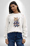 Japon Samuray Kılınç  Kadın Erkek  Beyaz Baskılı Sweatshirt 