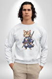 Japon Samuray Kılınç  Kadın Erkek  Beyaz Baskılı Sweatshirt 
