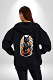 Çiçekli Siyah Kedi Etiket  Kadın Erkek Siyah Renk Kapüşonlu Kanguru Cepli  Fermuarlı Pamuklu Oversize Dijital Baskılı Hırka Sweatshirt