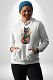 Çiçekli Siyah Kedi Etiket  Kadın Erkek  Beyaz Kapüşonlu Sweatshirt Hoodie