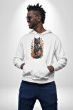 Çiçekli Siyah Kedi Etiket  Kadın Erkek  Beyaz Kapüşonlu Sweatshirt Hoodie