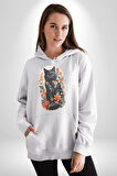 Çiçekli Siyah Kedi Etiket  Kadın Erkek  Beyaz Kapüşonlu Sweatshirt Hoodie