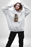 Çiçekli Siyah Kedi Etiket  Kadın Erkek  Beyaz Kapüşonlu Sweatshirt Hoodie
