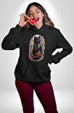 Çiçekli Siyah Kedi Etiket  Kadın Erkek  Siyah Kapüşonlu Sweatshirt Hoodie