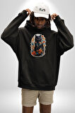 Çiçekli Siyah Kedi Etiket  Kadın Erkek  Siyah Kapüşonlu Sweatshirt Hoodie