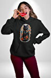 Çiçekli Siyah Kedi Etiket  Kadın Erkek  Siyah Kapüşonlu Sweatshirt Hoodie