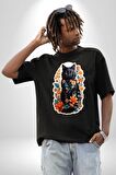 Çiçekli Siyah Kedi Etiket  Pamuklu Bisiklet Yaka Kadın Erkek Oversize Boyfriend Dijital Baskılı Siyah T-shirt