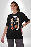 Çiçekli Siyah Kedi Etiket  Pamuklu Bisiklet Yaka Kadın Erkek Oversize Boyfriend Dijital Baskılı Siyah T-shirt