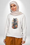 Çiçekli Siyah Kedi Etiket  Kadın Erkek  Beyaz Baskılı Sweatshirt 