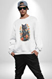 Çiçekli Siyah Kedi Etiket  Kadın Erkek  Beyaz Baskılı Sweatshirt 