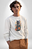 Çiçekli Siyah Kedi Etiket  Kadın Erkek  Beyaz Baskılı Sweatshirt 