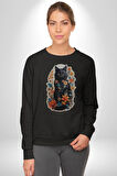 Çiçekli Siyah Kedi Etiket  Kadın Erkek  Siyah Baskılı Sweatshirt 