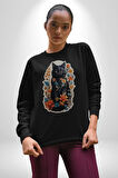 Çiçekli Siyah Kedi Etiket  Kadın Erkek  Siyah Baskılı Sweatshirt 