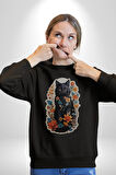 Çiçekli Siyah Kedi Etiket  Kadın Erkek  Siyah Baskılı Sweatshirt 