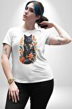 Çiçekli Siyah Kedi Etiket  Kadın Erkek Unisex Beyaz Organik Baskılı T-Shirt Penye Yüksek Kalite