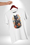 Çiçekli Siyah Kedi Etiket  Kadın Erkek Unisex Beyaz Organik Baskılı T-Shirt Penye Yüksek Kalite