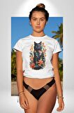 Çiçekli Siyah Kedi Etiket  Kadın Erkek Unisex Beyaz Organik Baskılı T-Shirt Penye Yüksek Kalite