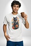 Çiçekli Siyah Kedi Etiket  Kadın Erkek Unisex Beyaz Organik Baskılı T-Shirt Penye Yüksek Kalite