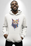 Şimşek Yağmur Kedi Kadın Erkek  Beyaz Kapüşonlu Sweatshirt Hoodie