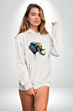Renkli Fil Kafası  Kadın Erkek  Beyaz Kapüşonlu Sweatshirt Hoodie