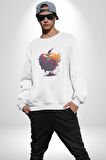 Yağlı Boya Elma Kadın Erkek  Beyaz Baskılı Sweatshirt 