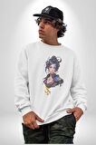 Süper Robot Kız Sulu Boya  Kadın Erkek  Beyaz Baskılı Sweatshirt 